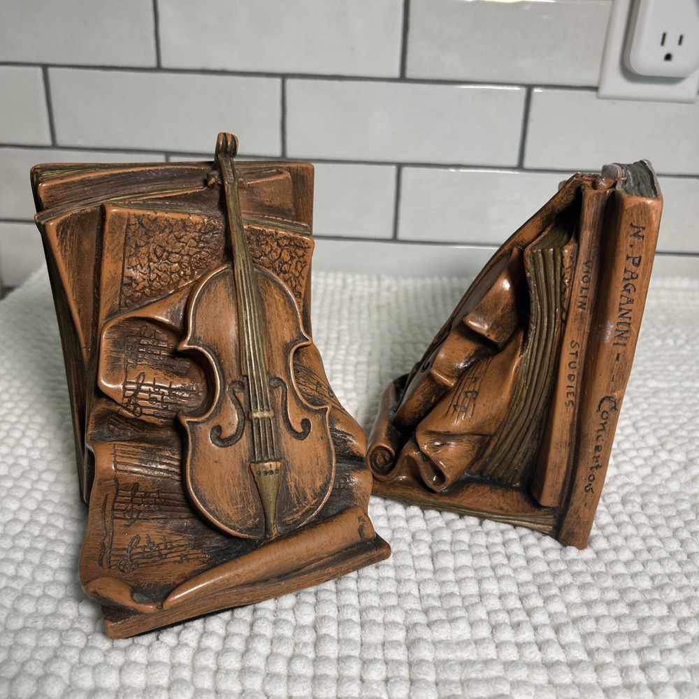 1964 Universal Statuary Corp Brown w Gold Gilding Bookends Paganini/Violin MCM